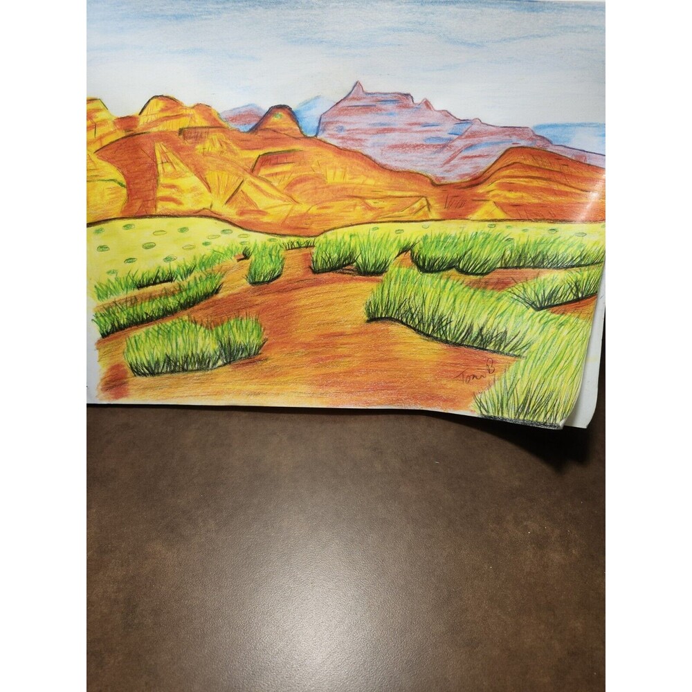 Hand Crafted Dessert Mountain Landscape Colored Pencil Drawing Framed 9x11" - Picture 14 of 16